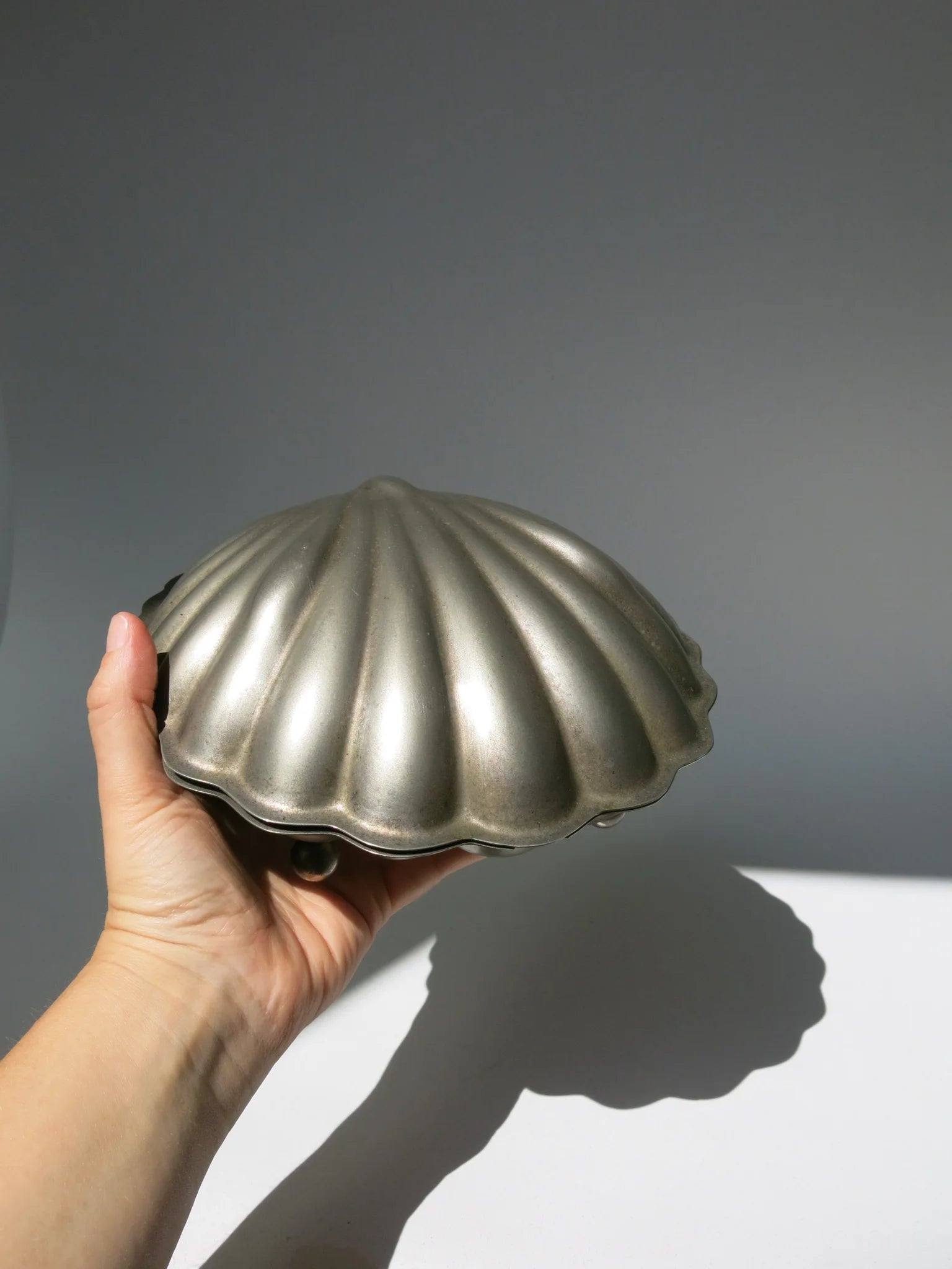 Cofanetto in metallo argentato a forma di conchiglia – tenuta in mano