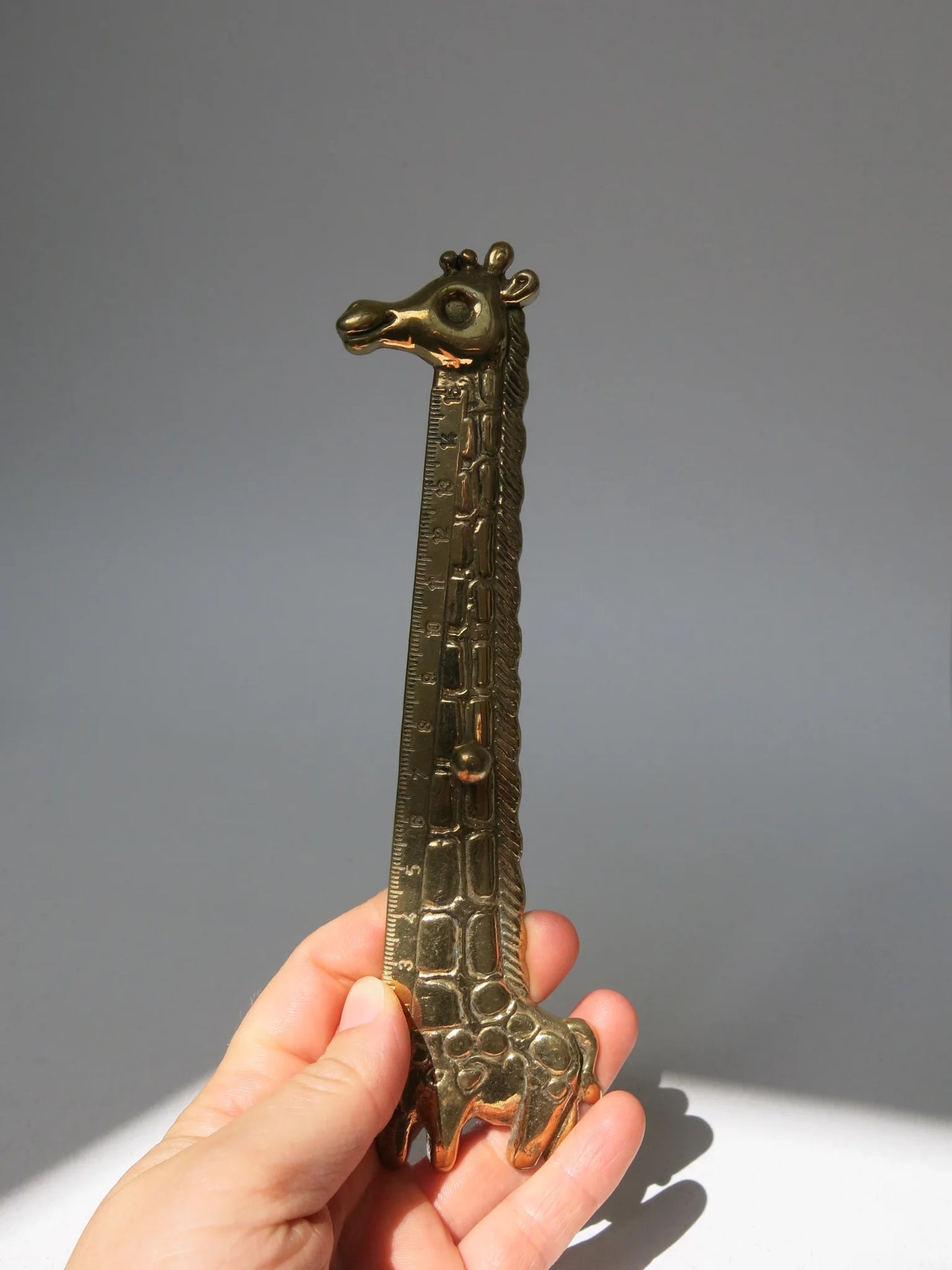 Righello in ottone a forma di giraffa – tenuto in mano per proporzioni