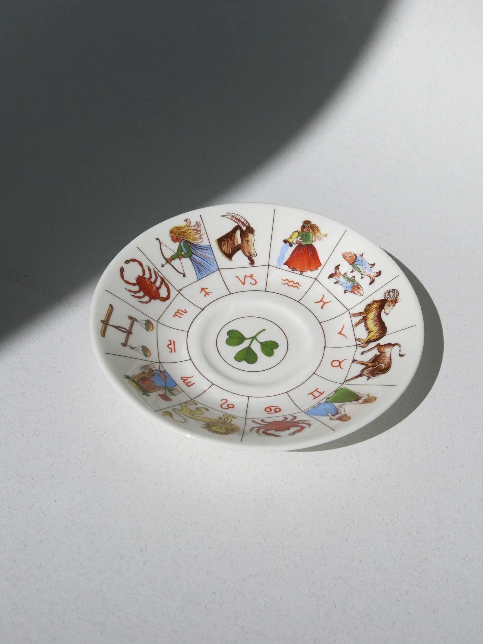 Tazza e piattino divinatori Royal Kendal – vista dall'alto, interno tazza con simboli planetari