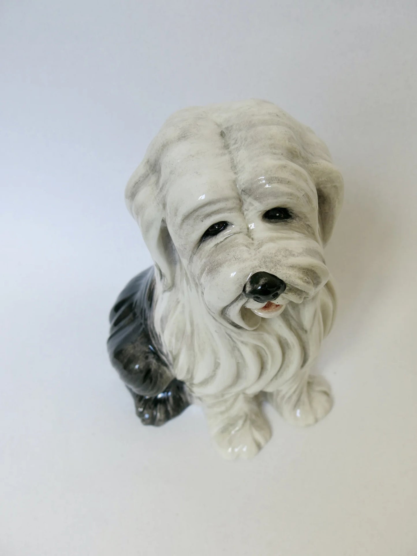 Cane in ceramica decorato a mano – vista frontale dall'alto, dettaglio del muso