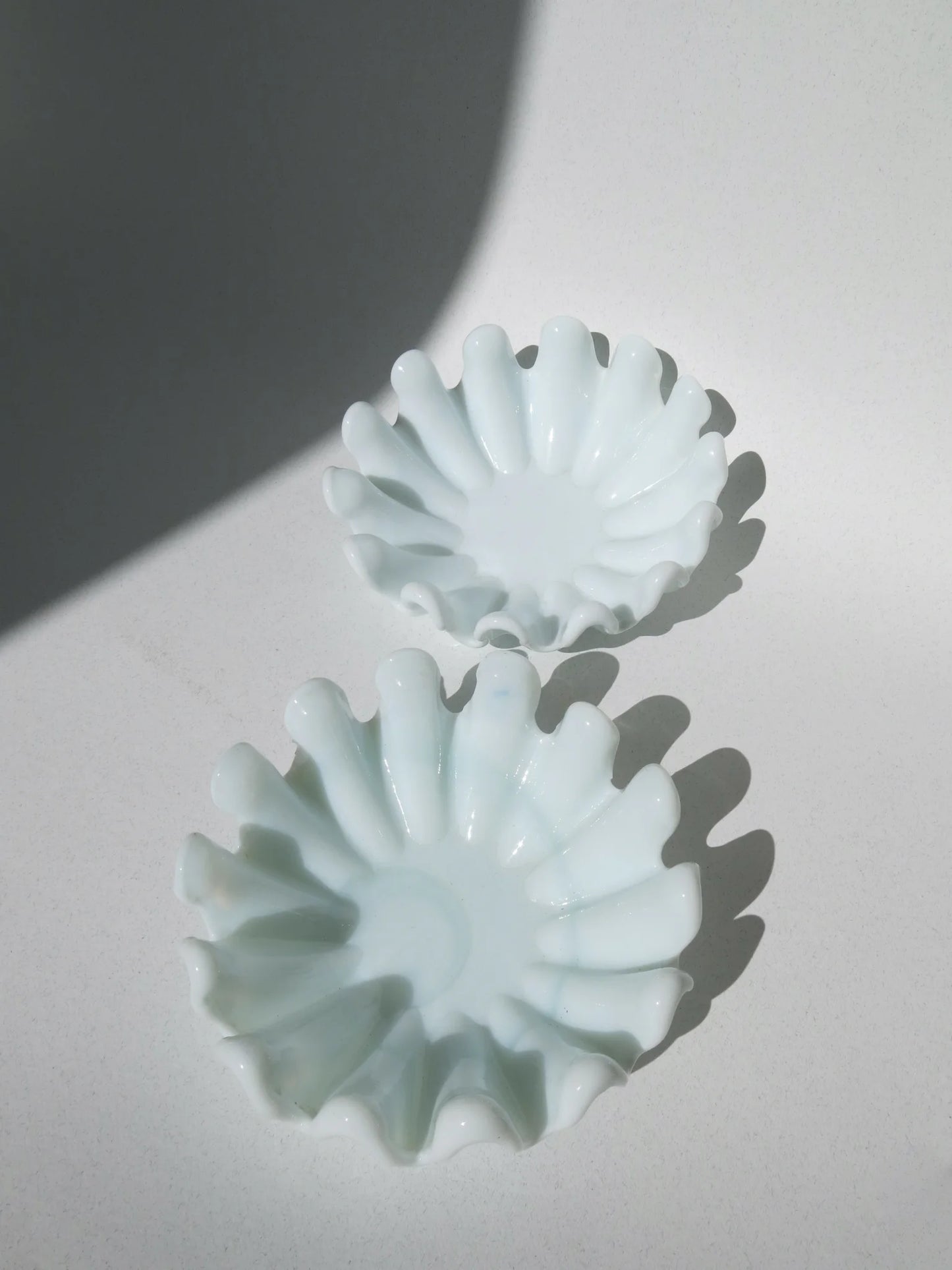 Coppia ciotole in vetro opalino bianco – vista frontale con luce radente, bordo a petali irregolari