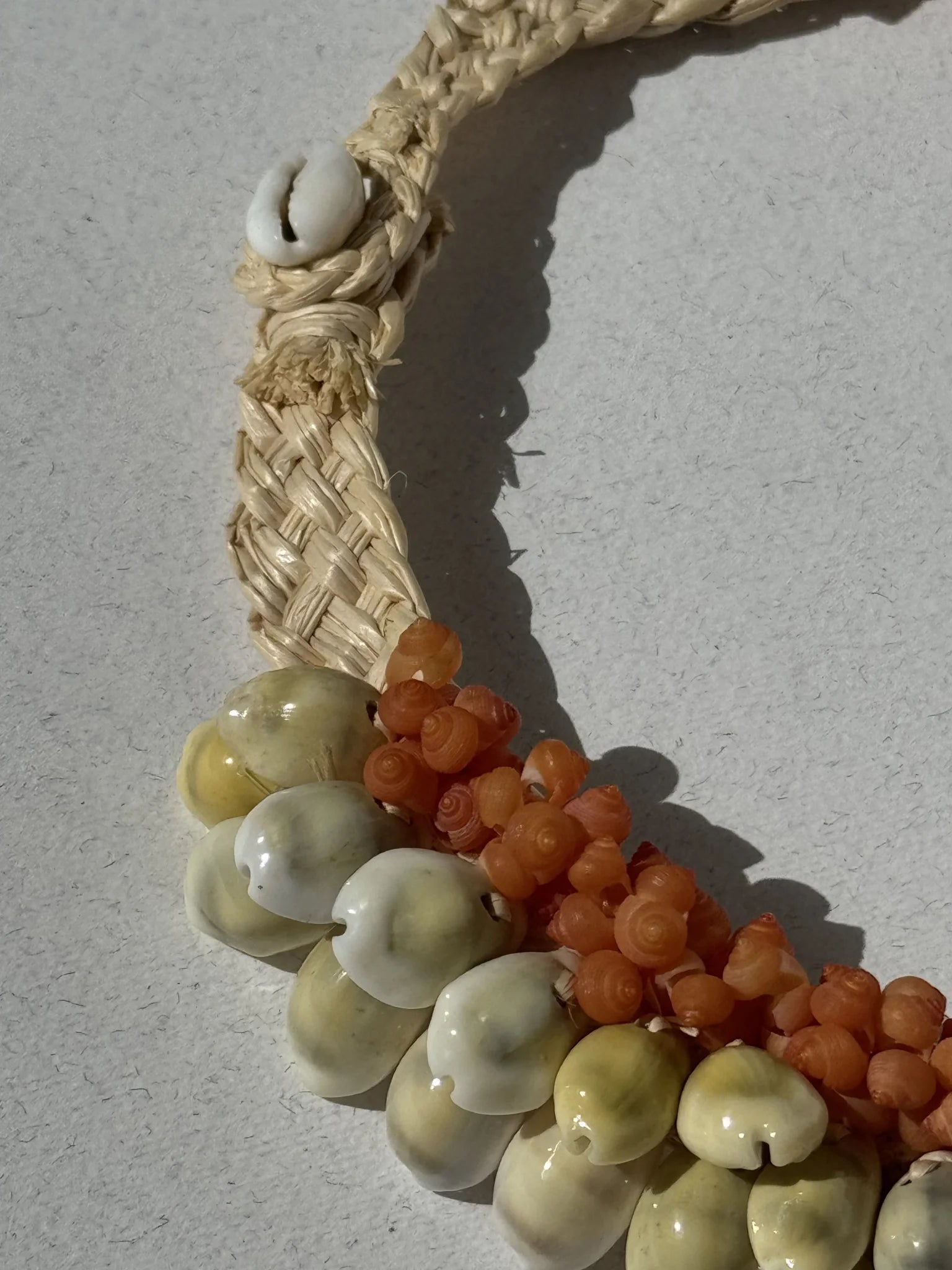 Collana girocollo con conchiglie – indossata da testina di vimini